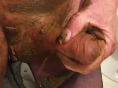 Old man jerks off his dick covered in poop
